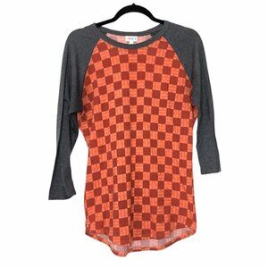 LULAROE Randy Baseball Tee Orange Red Checkerboard Pattern Gray Sleeves - Size S